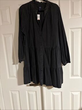 GAP Black Tiered Button-Down Smocked Dress
